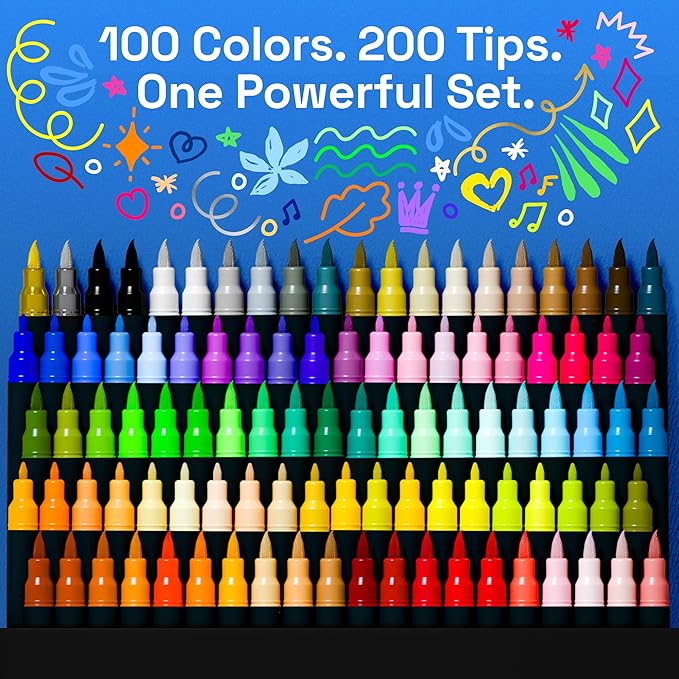 ARTISTRO 100 Acrylic Paint Markers - Paint Pens for Glass Marking, Rock Painting, Ceramic, Wood, Fabric, DIY, Craft, Canvas - Art and Craft Supplies for Adults, Teens, Kids (Brush + Fine Tips)