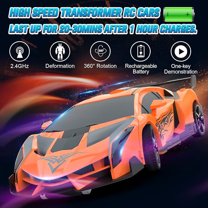 BLUEJAY Transform Rc Cars for Boys 4-7 8-12, 2.4Ghz 1:18 Scale Remote Control Car Transforming Robot, One-Button Deformation 360° Rotation and Drift Car Toy Gifts for Boys 3-5 (Orange)