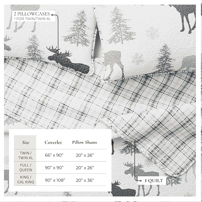 Great Bay Home Lodge Quilt Set - 2-Piece Twin/Twin XL Size Rustic Bedding Set - Lightweight, All-Season, Reversible Bedspread (Moose - Grey)
