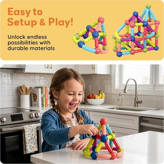 PicassoTiles Magnetic Building Stick Block Construction Set with Storage Bin Colorful 3D STEM Toy Blocks Bar Balls & Rods Montessori Educational for All Ages Puzzle Toy for Boys & Girls PTX50