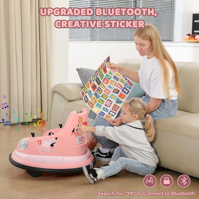 ELEMARA Bumper Car for Kids,1.9mph Max,12V Toddler Ride on Toys with Remote Control,2-Speed,2 Playing Modes,360 Degree Spin,Bumping Toy Gifts W/Bluetooth,5 LED Lights Modes,DIY Stickers,Pink