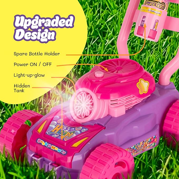 Hoopi Extreme Bubble Lawn Mower for Toddlers 1-3, Spill-Proof Kids Bubble Machine with Lights for 2-Year-Old Girl Birthday Gift, Bubbles Blowing Push Toddler Outdoor Toys for Ages 2-4 with 3 Bottles