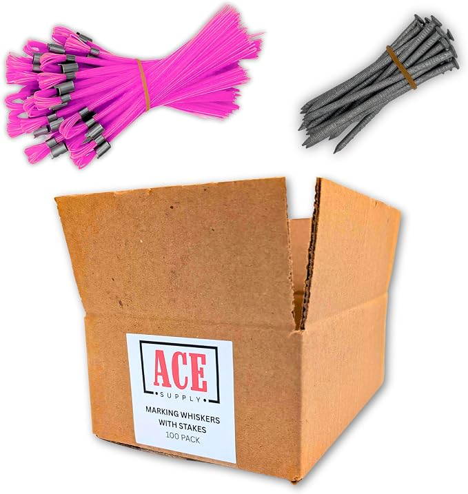 ACE Supply Pink Marking Whiskers with Stakes - Pack of 100 - Durable Marking Whisker Set - Use Survey Whiskers As Ground Markers, Construction Markers, Or Trail Markers