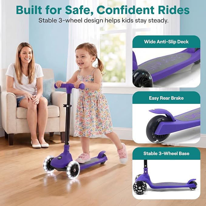 SereneLife Toddler Scooter, Adjustable Micro Scooter for Ages 2-5, Lightweight Kids 3 Wheel Design with LED Light-Up Wheels, Anti-Slip Deck & Lean-to-Steer Control, Indoor/Outdoor Use (Purple)