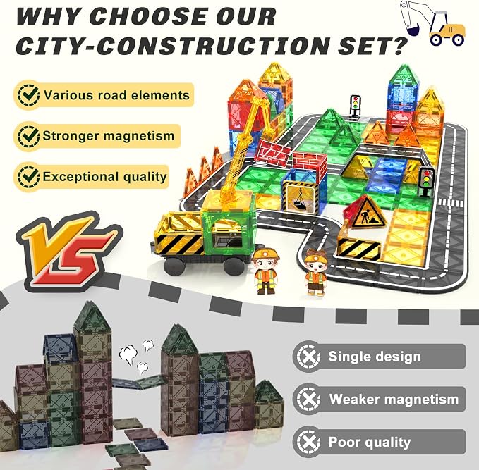 Coodoo Kids Games Magnetic Tiles Road Set with Extendable Magnetic Crane, City Construction Building Toys for Toddlers STEM Preschool Ages 4-6 5-7, Gifts for 3+ Year Old Boys Girls Kids Toys with Car