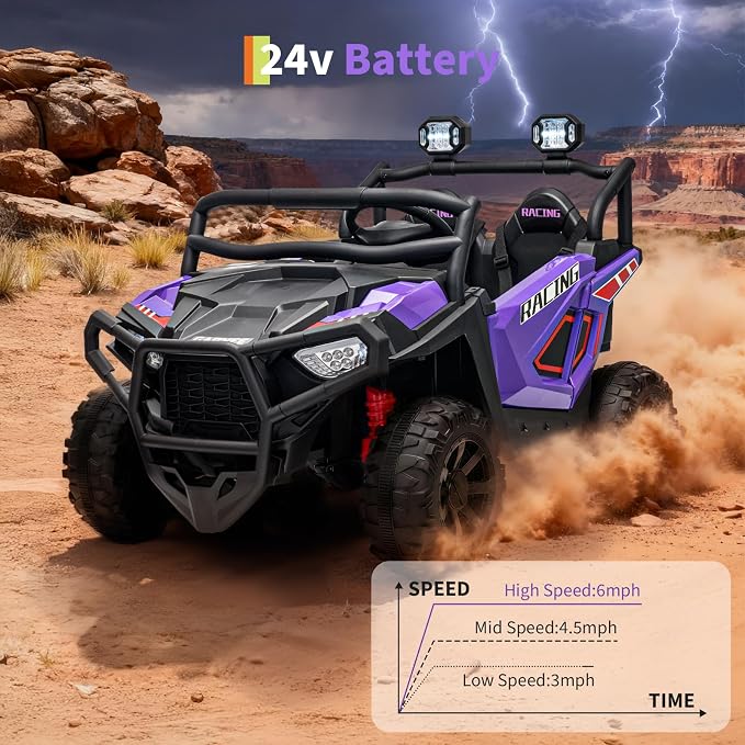 Garvee 24V Ride on Toys for Big Kids, 2 Seater Electric UTV Car with Remote Control, 4-Wheeler Suspension, Soft Start, 3 Speeds, Led Lights, Bluetooth, Ride on Truck Kids 2-8 Years