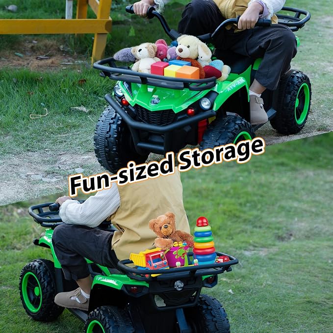 TOBBI 24V Kids Electric Ride On ATV, Battery-Powered 4 Wheels Ride On Car with Storage Basket, Three-Speed, LED Light, Music, Ride On Toy for Kids 3-8 Years-Green