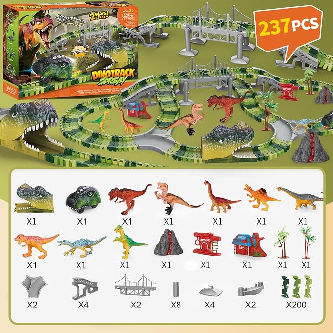 Dinosaur Toys Race Track for Boys 3-5 5-8 Year Old, Flexible Train Tracks Set with LED Light Up Dino Car, Dinosaur World Adventure Toys, STEM Birthday Gifts for Toddlers Kids Age 3 4 5 6 7