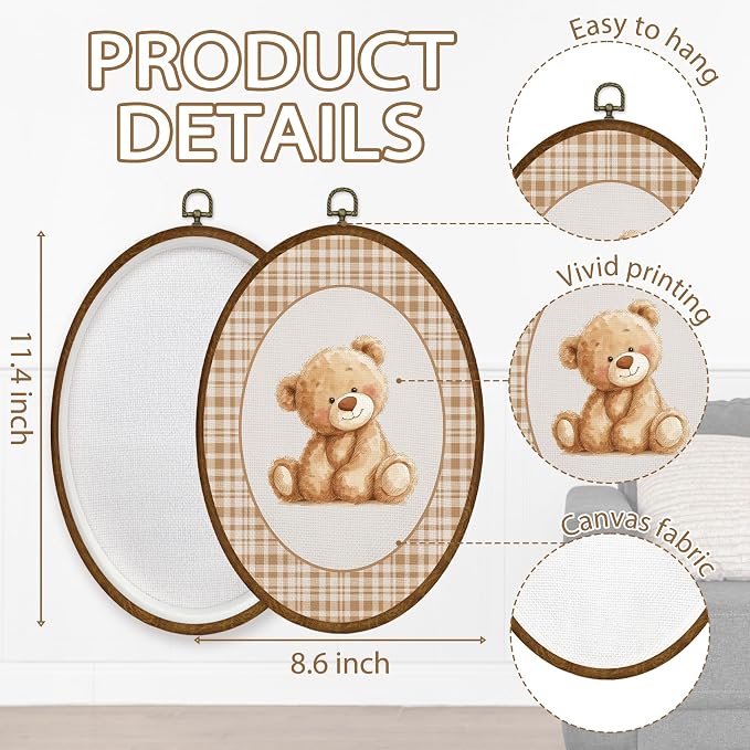 WULQYING Vintage Bear Nursery Wall Art Decor, Kids Room Oval Framed Canvas Art Prints, Brown Gingham Plaid Baby Bear Wall Hanging Decor for Kids Girls Boys Room Bedroom Playroom, 8.6x11.4 Inches