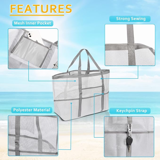 SRISE Mesh Beach Bag - Large Beach Tote Bag for Family Beach Bag for Toys & Vacation Essentials