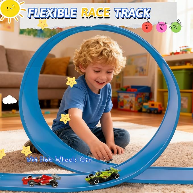 16Ft Flexible Race Track for Kids, Flex Track with 6 Hot Wheels Race Car Track Double-Side Track Toys Compatible with 16 Suction Cups, Storage Bag Rolls Up Race Tracks Birthday Gifts for Boys Girls