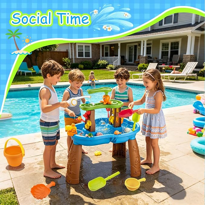VROGTIK Water Table for Toddlers 3-5, Kids Sand Water Table with Fishing Game Set, Sensory Play Table Toys for Outdoor Pool Beach Backyard Summer Birthday Gift for Boys Outside Toys for Toddler