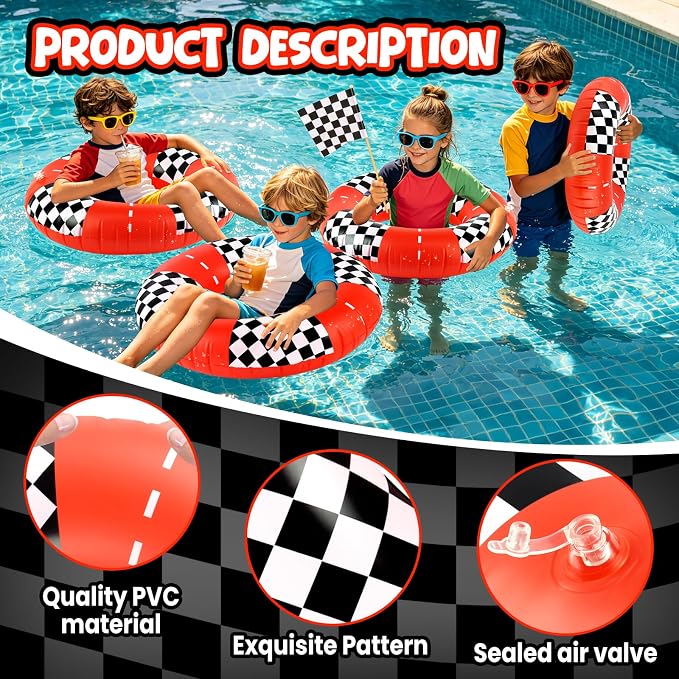 4 Pcs Racing Party Pool Floats, 24 Inch Checkered Flag Pattern Swim Ring for Kids Ages 5-8 Pool Tube, Inflatable Pool Toys for Hawaiian, Beach, Water Park Fun