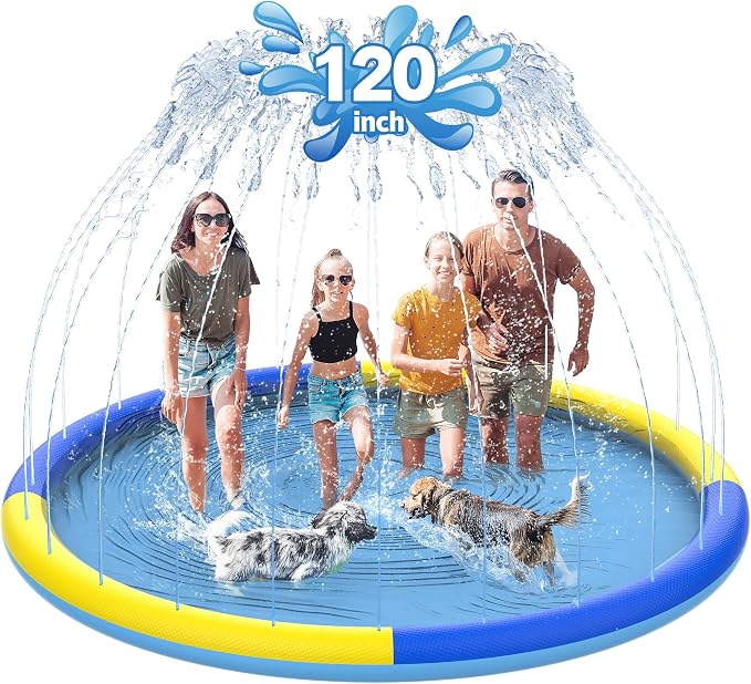 CACSPS 120" Non-Slip Splash Pad for Kids and Dog, Thicken Sprinkler Pool Summer Outdoor Water Toys, Extra Large Backyard Wading Pool for Children Boys & Girls or Pet Dog (Blue&Yellow)