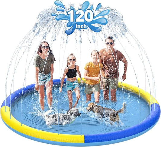 CACSPS 120" Non-Slip Splash Pad for Kids and Dog, Thicken Sprinkler Pool Summer Outdoor Water Toys, Extra Large Backyard Wading Pool for Children Boys & Girls or Pet Dog (Blue&Yellow)