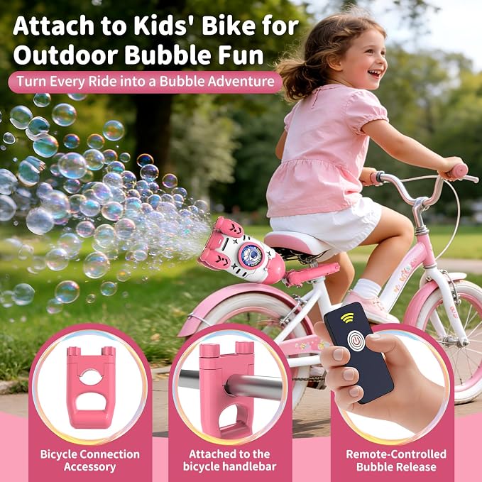 Bubble Gun for Kids, Automatic Rocket Bubble Machine, Handheld & Bicycle Use, Rechargeable Bubble Blower with Solution & LED Light, Summer Outdoor Toy, Gift for Boys Girls Age 3 4 5 6 7 8-12 (Pink)