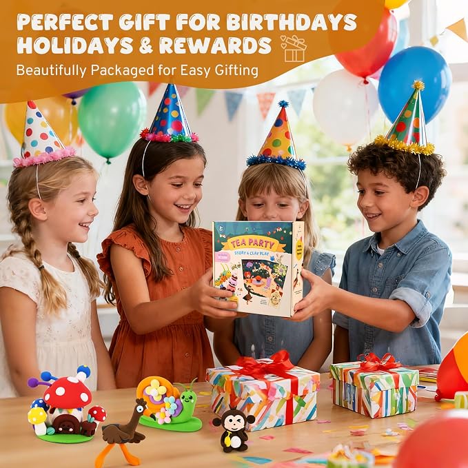 Air Dry Clay Kit for Kids, Modeling Magic Clays, 18 Colors with Storybook, DIY Tutorials, Tools & Scene Cards, Soft, Non-Sticky & Light, Clay Craft Gift for Boys & Girls Ages 3+ (Tea Party)
