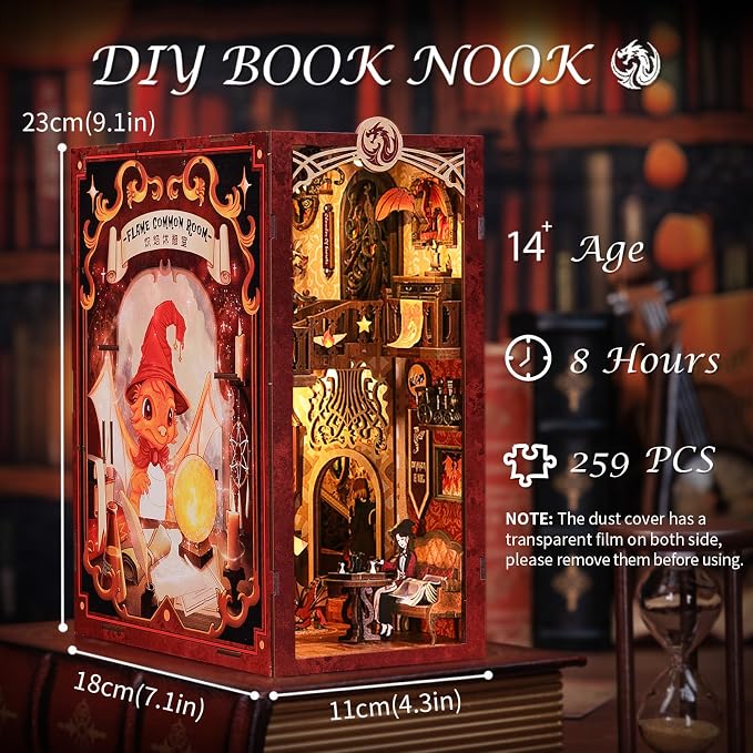 Fsolis Book Nook Kit, 3D Wooden Puzzle for Adults | Bookshelf Miniature Room House Kit DIY Gifts for Women Book Lovers (Flam Common Room)
