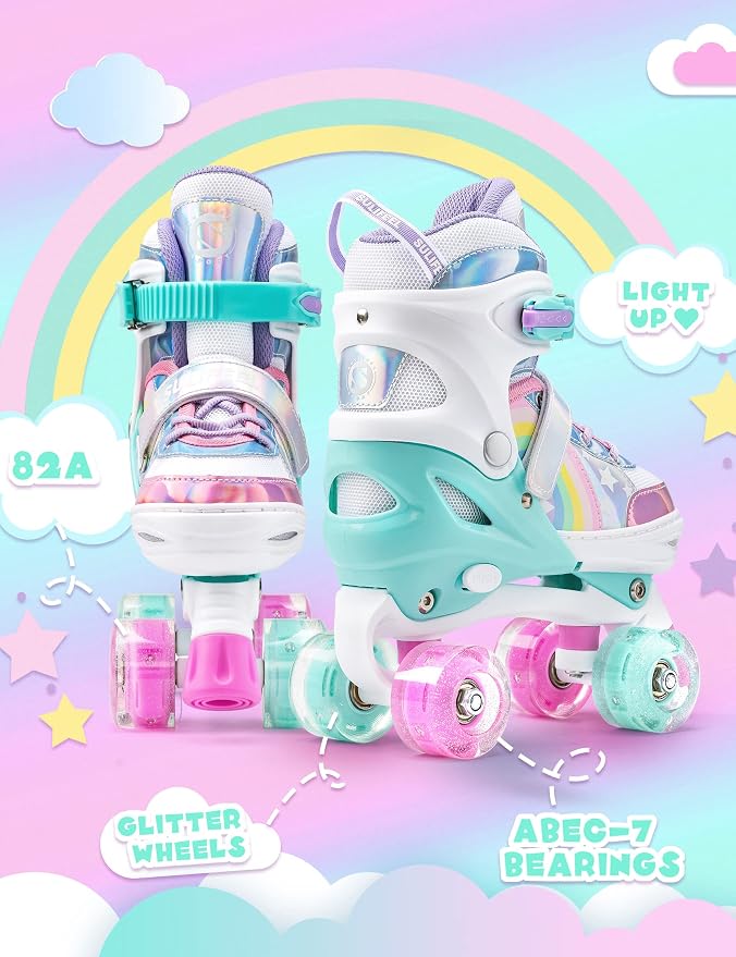 SULIFEEL Rainbow Unicorn 4 Size Adjustable Roller Skates for Girls Boys for Kids Ages 3-5 5-8 6-12 Children Skates Indoor Outdoor