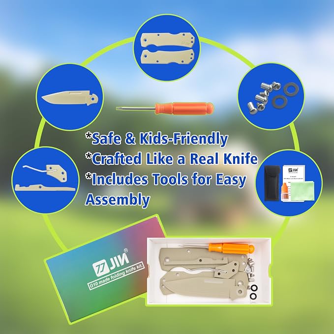 JIN G10 Toy Knife, Alpha Pocket Knife for Kids, DIY Kit, Dull Blade, Fake Knives, Safe for Child, Folding EDC, G10 Blade Handle, Camping Tool