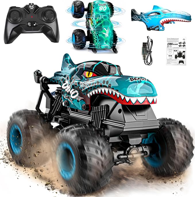 BEZGAR Monster Truck Toys - Remote Control Monster Trucks with Light & Music, Dinosaur Toys for Kids, 1:20 Scale RC Truck with 360° Spins and Drifting, Remote Control Car for Boys with Two Car Shells