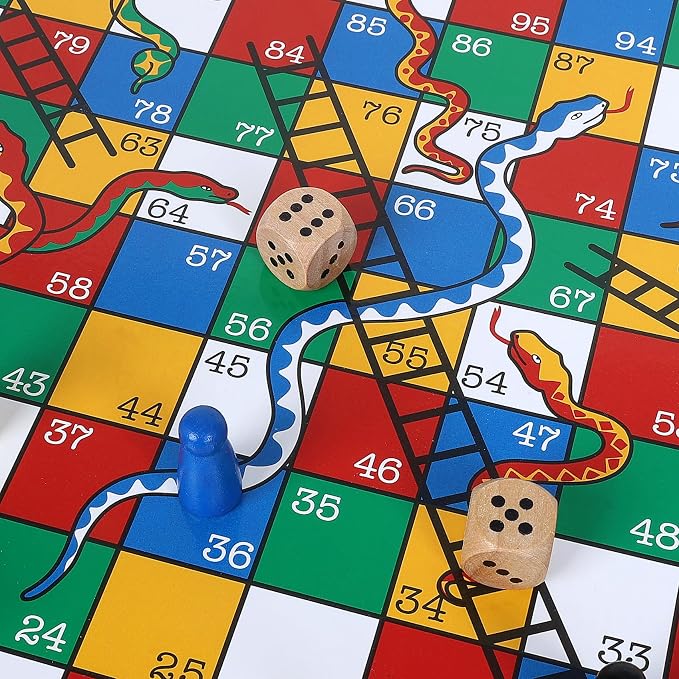 Gothink Wooden Snakes and Ladders Game - 13 Inch Educational Board Game for Children Ages 3 and Up & Adults - Classic Board Game Includes 6 Counters & 2 Dice, Rules
