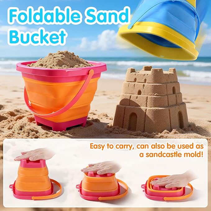 Beach Toys for Kids, Sand Toys Set with Collapsible Sand Bucket, 20” Shovel, Marine Life & Vehicles Molds Sand Castle Toys and Storage Bags, Travel Beach Toys for Toddler 4-8