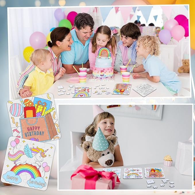 Realspring 24 Pack Happy Birthday Color Your Own Jigsaw Puzzles for Kids 3-5, 4-6, 6-8, Coloring Crafts DIY Paper Puzzles Party Favors Gifts for Toddler Children Learning Education Toys