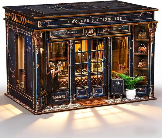 DIY Miniature Dollhouse Kit with LED Light, 3D Wooden Puzzle Book Nook Kit for Adults and Teens, Creative Tailor Shop Model Kit to Build, Home Decor Hobby Gift (Golden Section Line)
