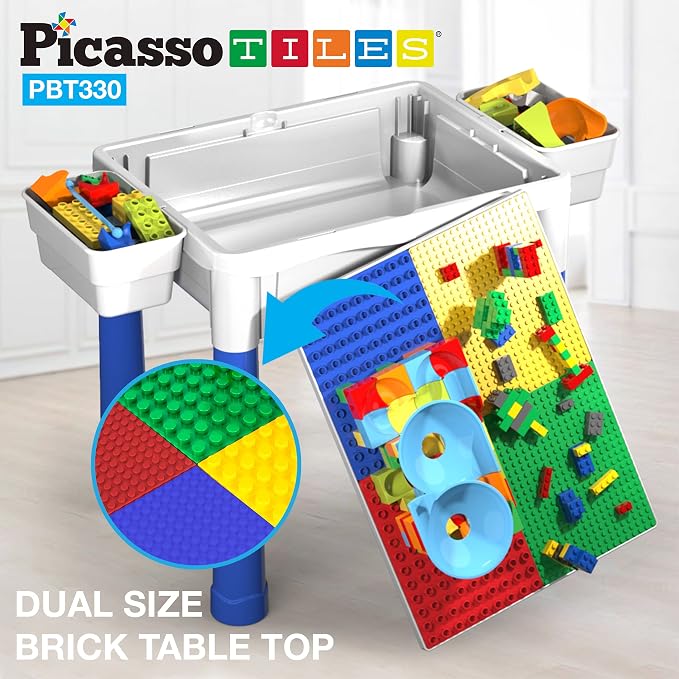 PicassoTiles Vehicle and Action Figure + Activity Center Play Table, Magnetic Pretend Playset, School Bus, Car, Truck, Drivers, Study Desk Sandbox Water Tight Storage All-in-1 331pc Blocks Marble Run