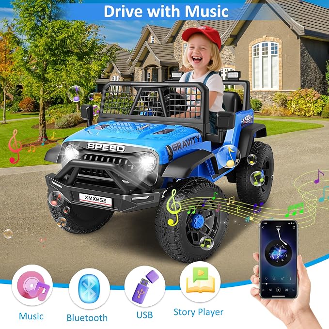 Hikole 12V Electric Car for Kids Ages 3-5 w/Parent Remote, Battery Powered Truck Toys for Toddler Boys Girls, Spring Suspension, Safety Belt, Music Player, 3 Speeds, Bright LED Light, Blue