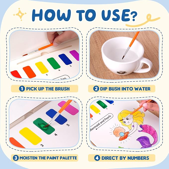 YPLUS Paint with Water Books for Toddlers, Watercolor Painting Paper Gift for Kids Ages 1-3, 2-4, 4-6, Art Craft Gift for Drawing with Brush Christmas Stocking Stuffers for Kids Toddler - Mermaid