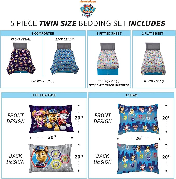 Franco Kids Bedding Super Soft Comforter and Sheet Set with Sham, 5 Piece Twin Size, Paw Patrol Movie
