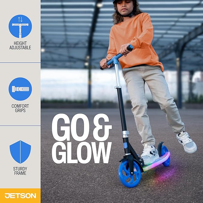 Jetson Jupiter Kids 2-Wheel Light-Up Kick Scooter, LED Lights on Handlebar, Stem, Wheels & Deck, Adjustable Handlebar, Rear Brake, Easy-Folding Mechanism, Ages 5+