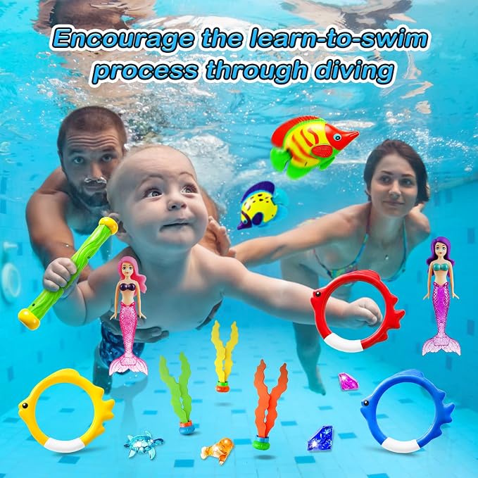Jasonwell Pool Diving Toys Games - 32PCS Swimming Mermaid Pool Toys with Dive Rings Gems Beach Ball Underwater Treasures Torpedo Bandits Fish Swim Toy etc Bath Water Toy Training Gifts for Kids Adult