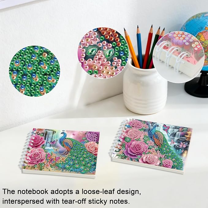 2 Pcs Peacock Diamond Painting Notebook 80 Pages for Adults,Diamond Art Journal and DIY Sketchbook, Diamonds Art Kit Supplies,Gift for Beginners, Craft Lovers, Artists. (Peacock)