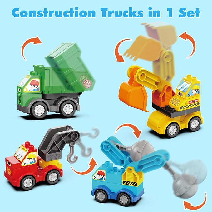 100+ Pcs Building Blocks Set with 4 Construction Trucks, Large Baseplate, Post-Disaster Rebuild Pretend Play, STEM Toy for Fine Motor Skills & Emotional Growth, Gift for Kids Ages 3-8