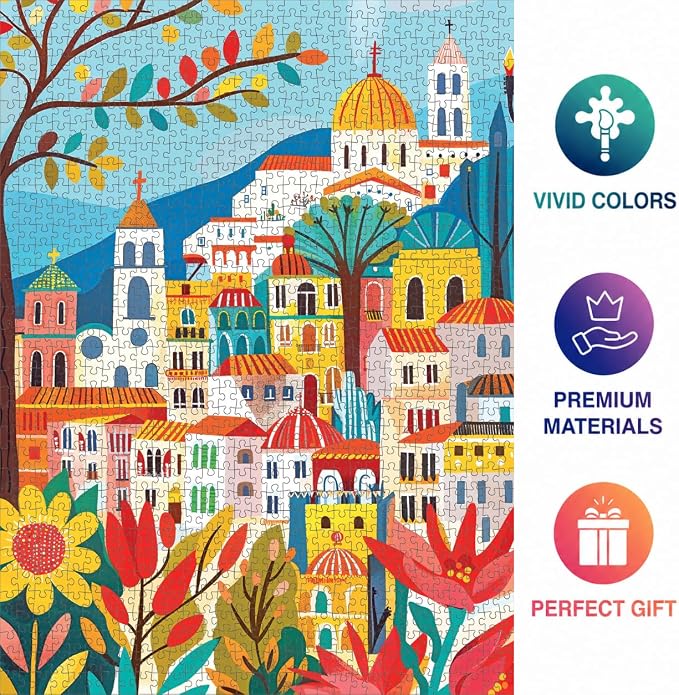 Cross & Glory - Charming Barcelona in Bloom - 1000 Piece Jigsaw Puzzle for Adults | Colorful Floral Folk Art Puzzle for Barcelona Lovers and Art Enthusiasts