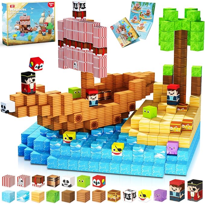 ToyUnited Magnetic Blocks - 100PCS Build Pirate-Ship World Set - Magnetic Building Cube Stacking, STEM Montessori Sensory Toys for Kids Boys Girls Ages 3 4 5 6 7 8 9 10 Easter Birthday Gifts