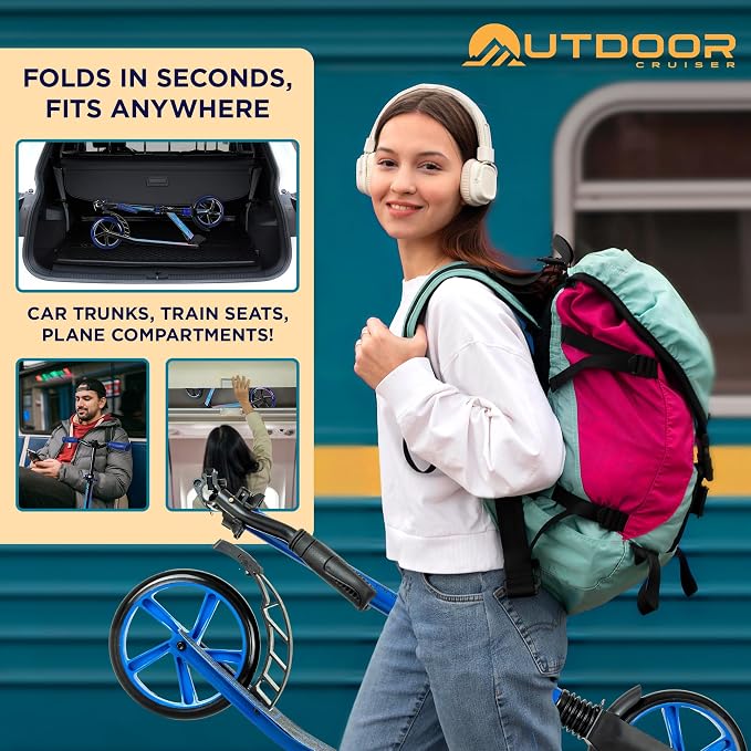 Outdoor Cruiser Kick Scooter for Ages 6+, for Kids, Teens, and Adults, Max Load 250 LBS, Foldable, 8-inch Wheels for Kids and Adults, Dual Suspension, 3 Adjustable Levels, Child Safety Approved, Blue