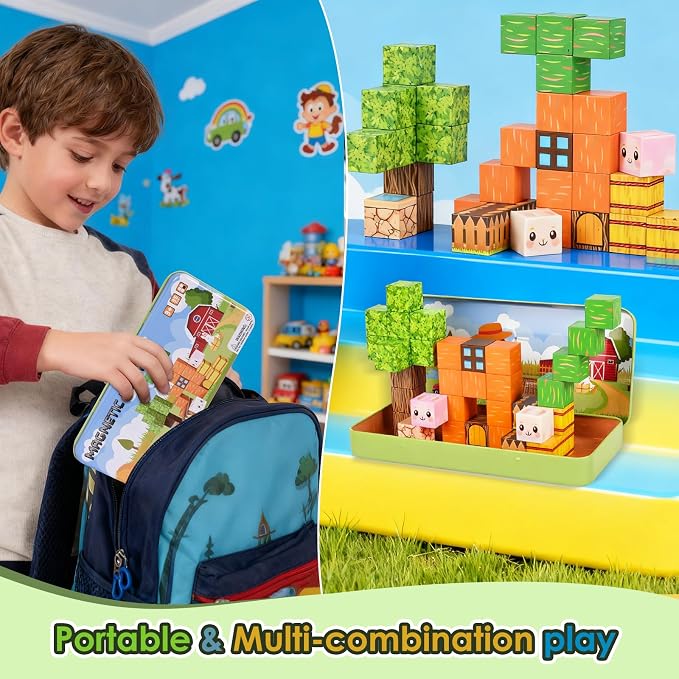 Magnetic Building Blocks Sensory Toys, Toddler Montessori Construction Stacking Toys, 35PCS Magnet Cubes for Kids, Gifts for Boys Girls, Portable Travel Toy Stem Learning Activities for Toddlers 3-8