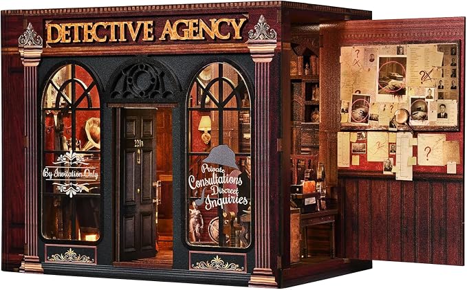 DIY Miniature House Kit, Dollhouse Detective Agency for Adults to Build, Birthday/Christmas Day Gift for Family and Friends, Prefab Tiny Home with LED Lights,Pipe & Deduction