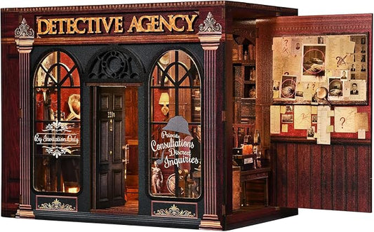 DIY Miniature House Kit, Dollhouse Detective Agency for Adults to Build, Birthday/Christmas Day Gift for Family and Friends, Prefab Tiny Home with LED Lights,Pipe & Deduction