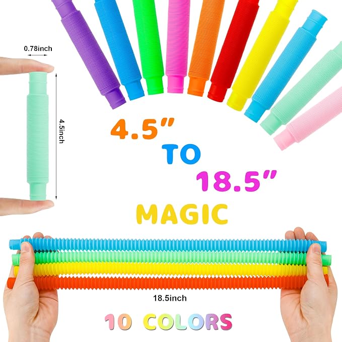 Pop Tubes, 60PCS Fidget Sensory Toys, Party Favors,Birthday Gifts,Goodie Bag Stuffers, Classroom School Reward,Creative STEM Learning & Fun for Toddler Kids(10 Colors)