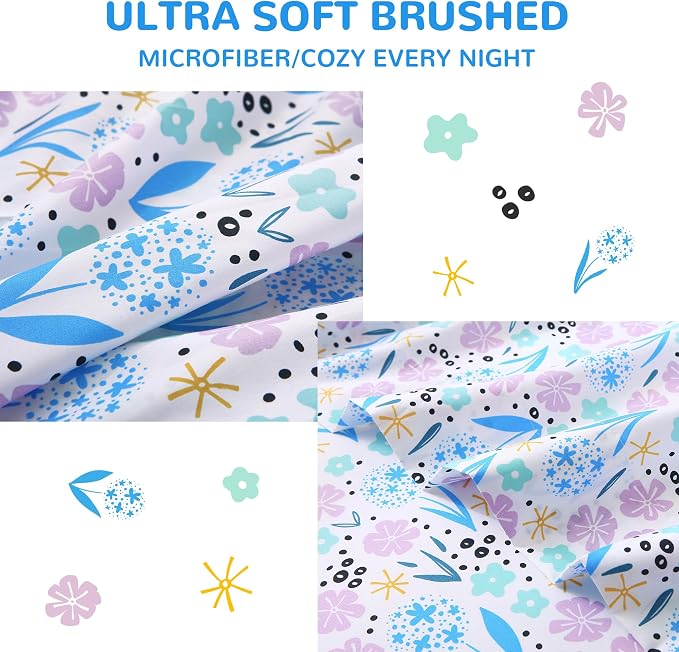 Viviland 4 Pieces Girls Purple Floral Full Sheet Set - Soft Microfiber Fitted Flat Sheets & Pillowcases - Purple Colorful Flower Print Bedding Sets - for Kids & Toddlers