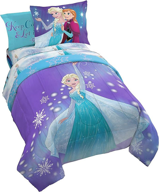 Jay Franco Disney Frozen Girls Kids Full Comforter Set - 7 Piece Bed in a Bag Reversible Comforter & Sheet Set with Shams, Elsa and Anna - Super Soft Fade Resistant Microfiber Machine Washable
