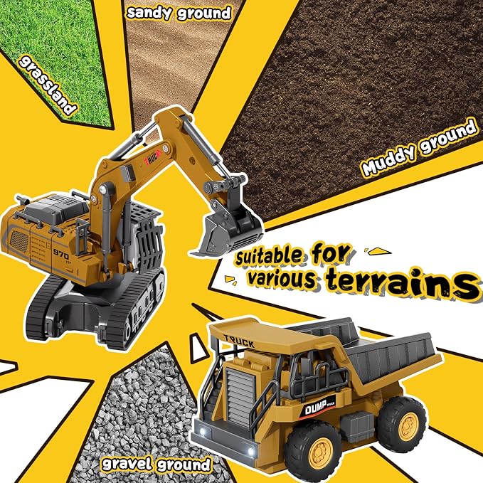 2 PCS Mini Remote Control Construction Vehicle Toy Set 1:64 Excavator and Dump Truck Toy Set with Lights Sounds & Traffic Sign & Construction Site Map Movable Parts GIFS for Kids & Adults