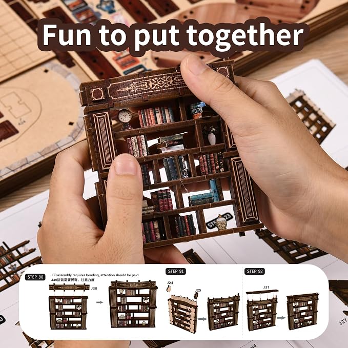 fifijoy DIY Miniature Dollhouse Kit - DIY Miniature House Kit with LED Lights, 3D Wooden Puzzle Library Bookshelf Decor for Adults, Creative Gift for Family, Friends (Dreamy Book Hall)