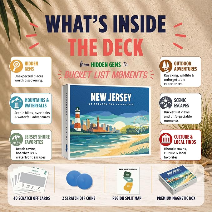 New Jersey Bucket List Scratch Off Cards - 40 Adventure Cards with Region Split Map, Hidden Gems, Scenic Escapes & Local Favorites - Travel Gift for Couples, Families, Friends & Tourists