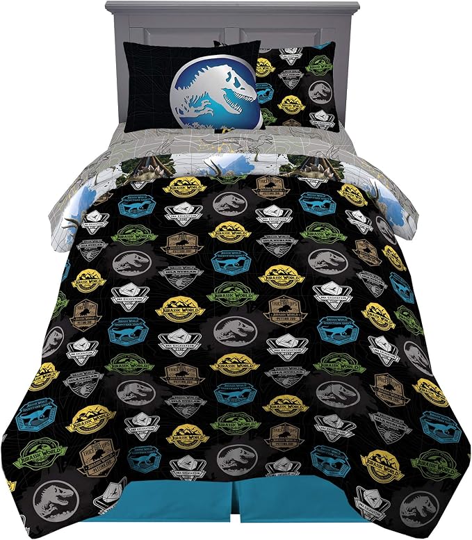 Franco Kids Bedding Super Soft Comforter and Sheet Set with Sham, 5 Piece Twin Size, Jurassic World,6A1348